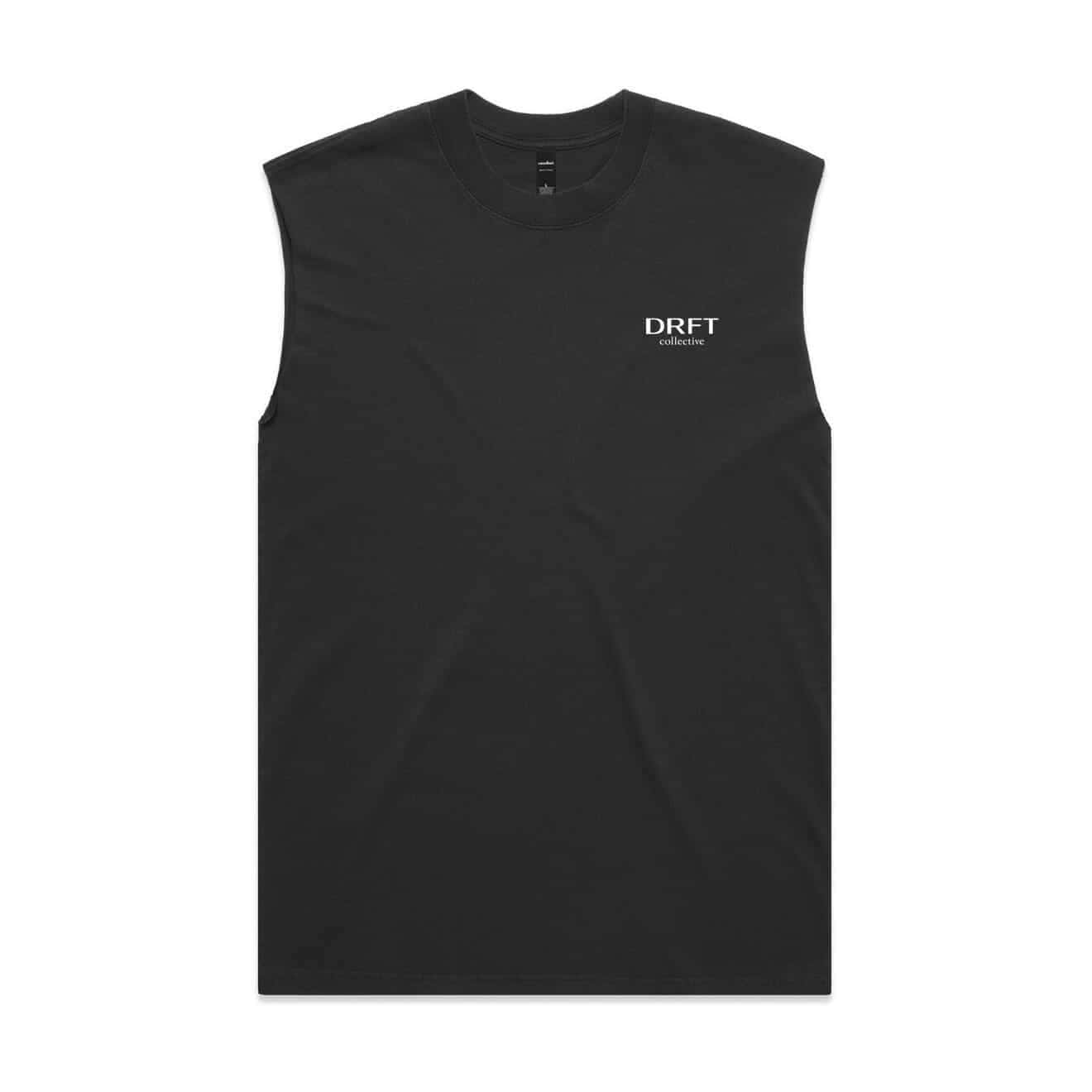 DRFT Collective Muscle Tee — Black with White Logo, Front